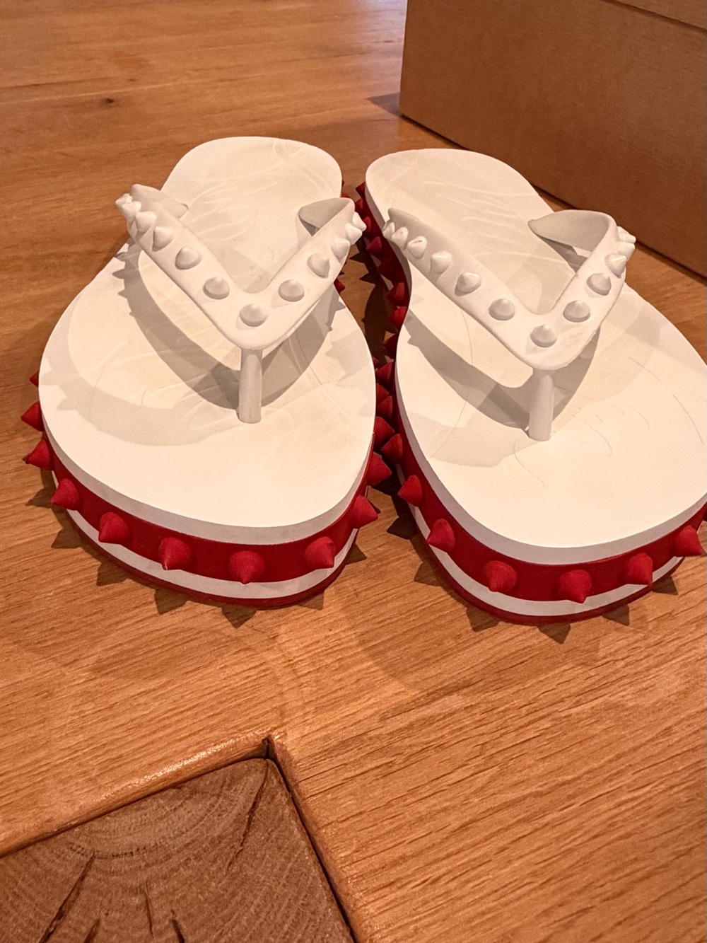 Christian Loubs White and Red Platform Spike Flip-Flops - Women's Casual Sandals